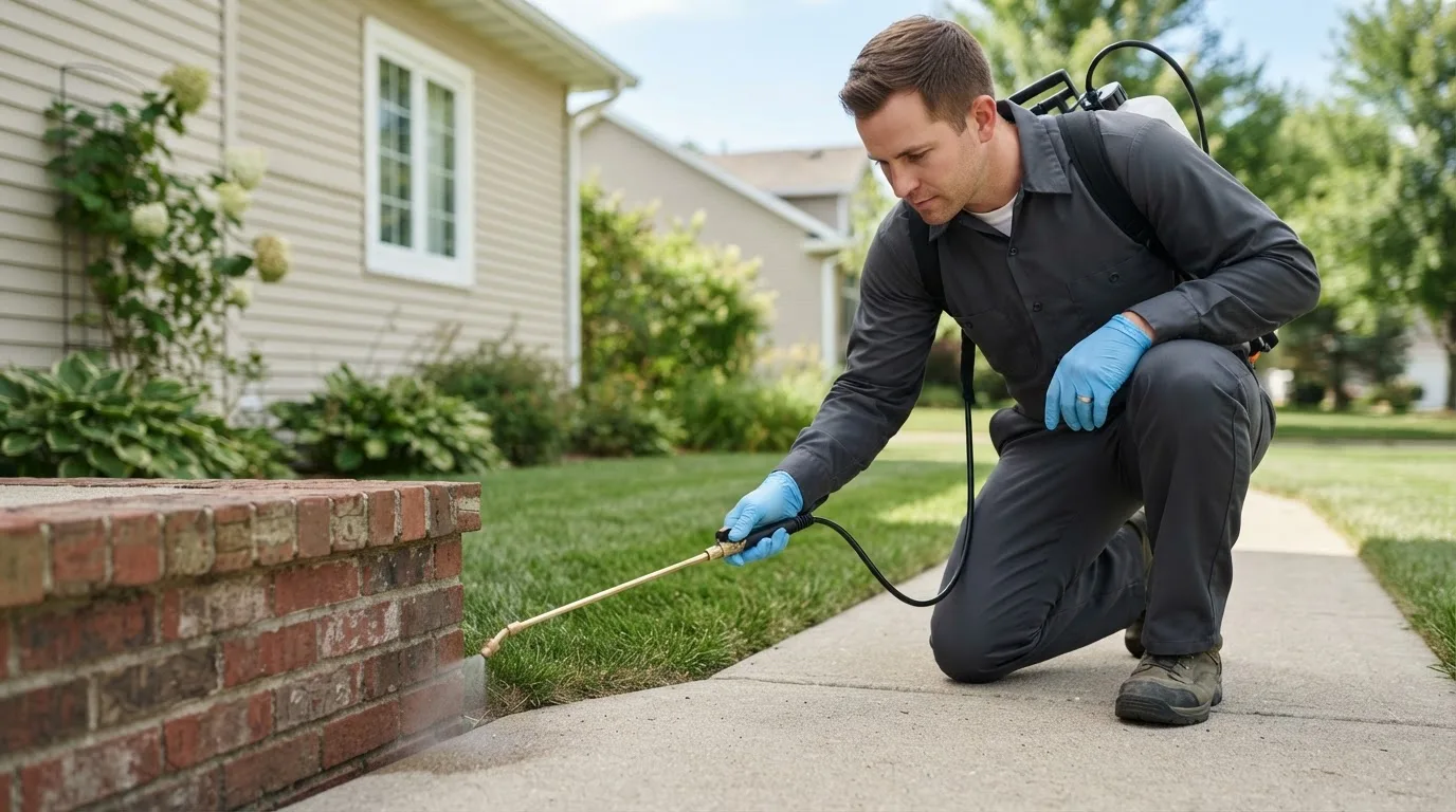 Pest control technician treating a home near Ector, TX